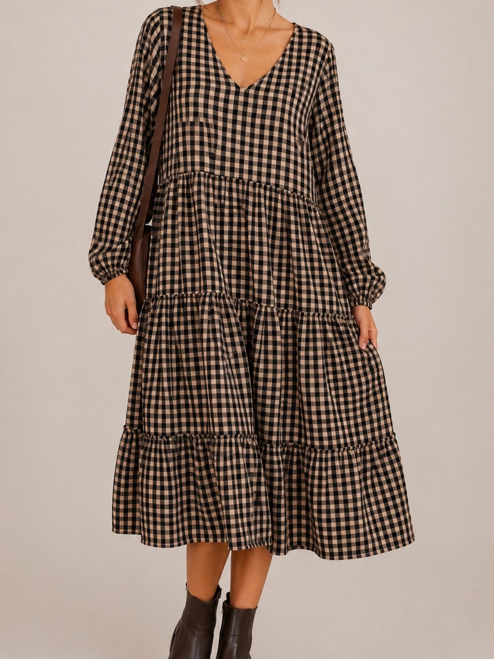 Petal + Pup Black Tan Gingham Tiered Midi Dress Size 10 Fall Outfit
